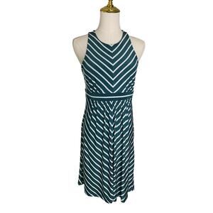 Ann Taylor LOFT XS Green Dress White Chevron Design Striped Halter Sleeveless